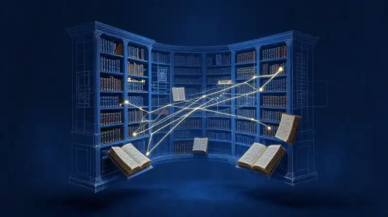 Ethereal glowing lines connecting floating antique books in indigo void