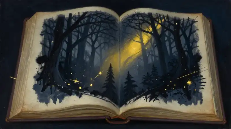 An open manuscript with symbolic golden light metaphors in dark blue tones