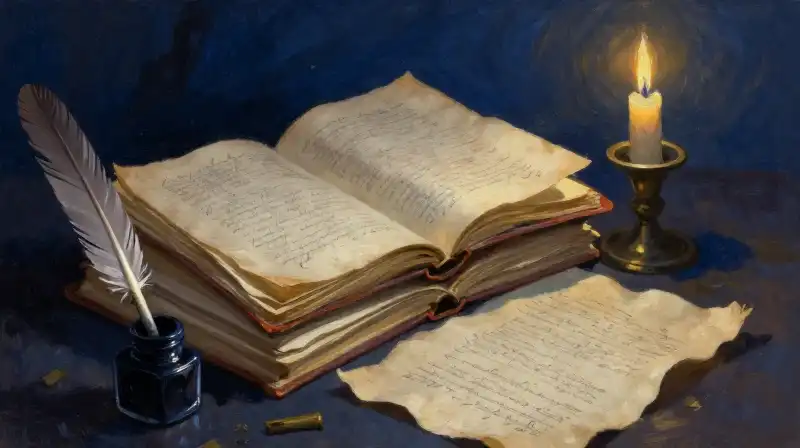 Stacked antique manuscripts and quill pens in a moody blue study