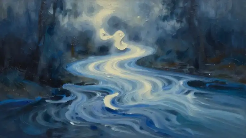 An ethereal blue river morphing into a human-like form