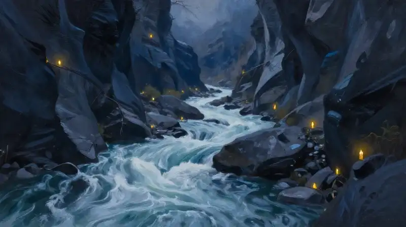 An atmospheric oil painting of a personified river in a blue landscape