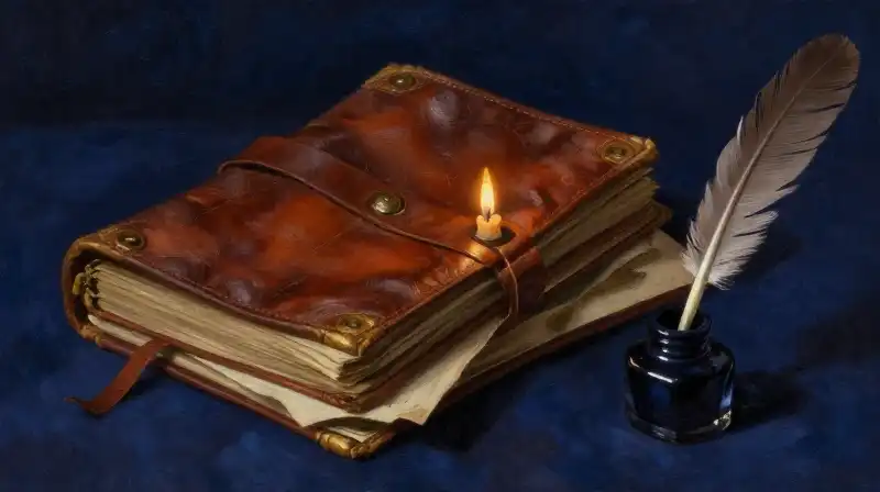 Stacked antique books and quill in moody blue light