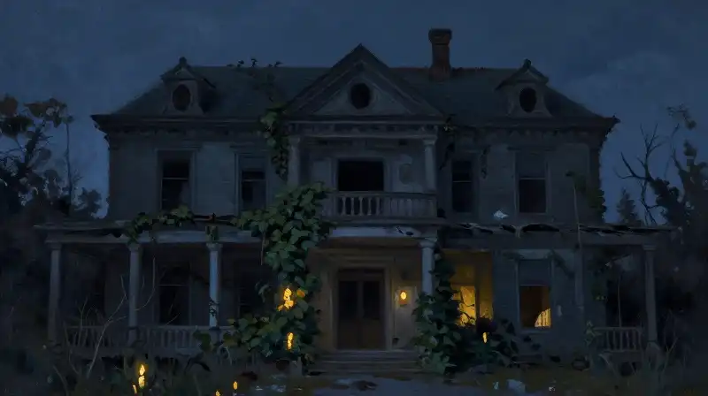 A decaying Southern mansion in moody indigo tones