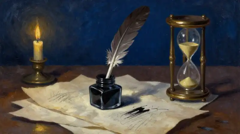 Inkwell and parchment in a moody blue literary setting