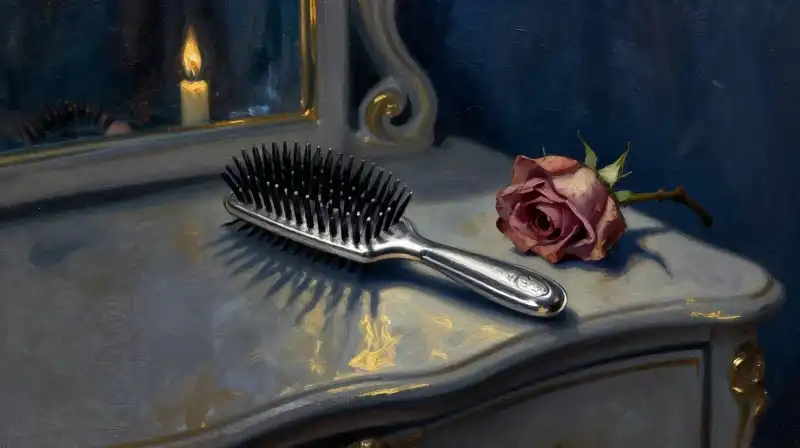 Elegant antique vanity with a single rose in moody blue light
