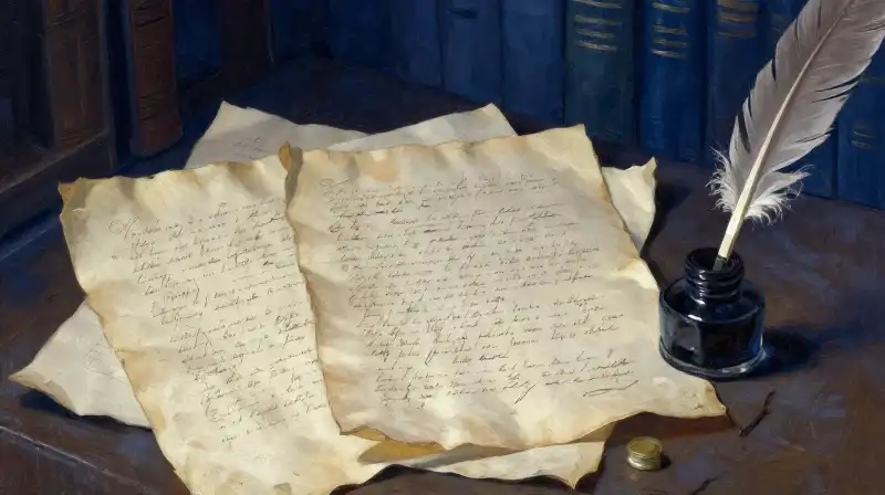 Scattered study notes and an inkwell in a moody blue library