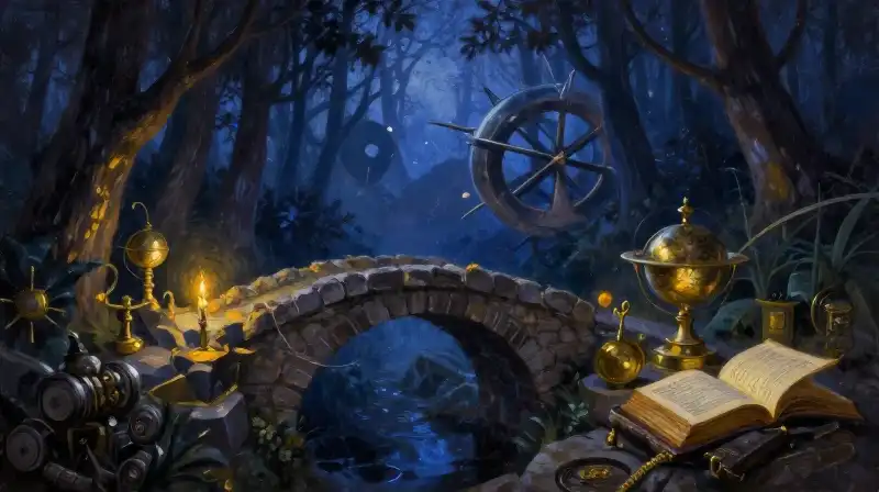A stone bridge connecting a magical forest to a sci-fi world