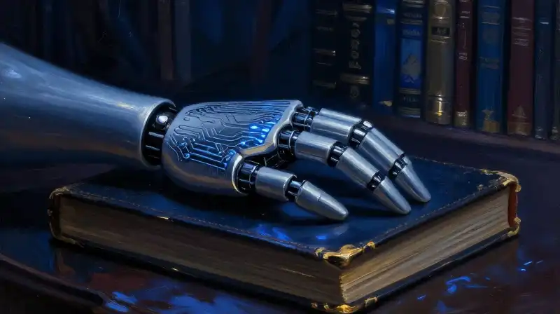 Cybernetic hand on an old book in a dark blue library