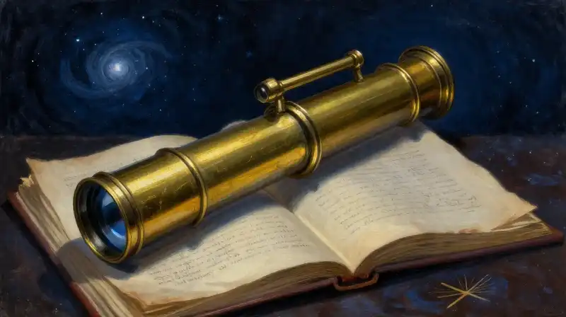 Antique telescope and manuscript reflecting a distant nebula in blue tones