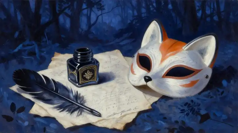 Literary illustration of a fox mask and crow feather in indigo tones