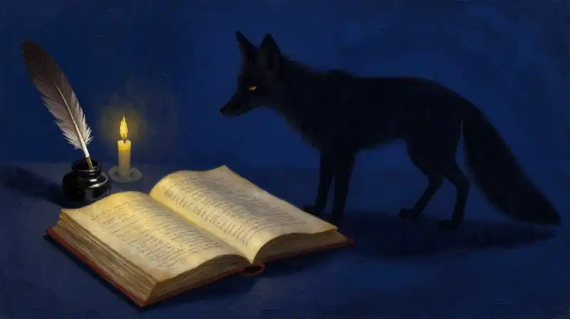 A literary illustration of a fox silhouette and an open manuscript
