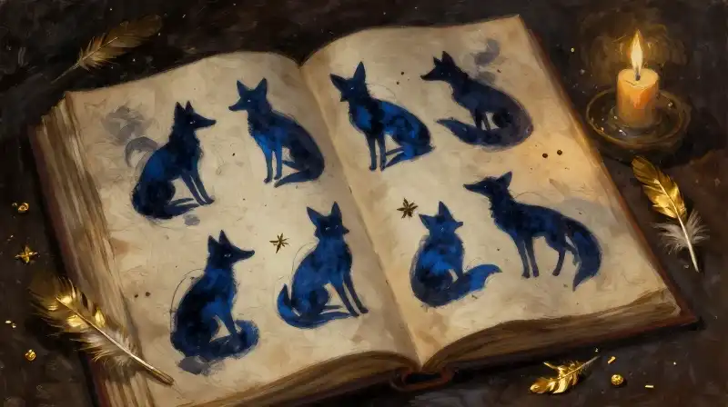 An open ancient manuscript with fox silhouettes in indigo tones