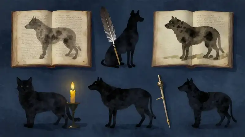 An open manuscript showing shifting animal silhouettes in deep indigo