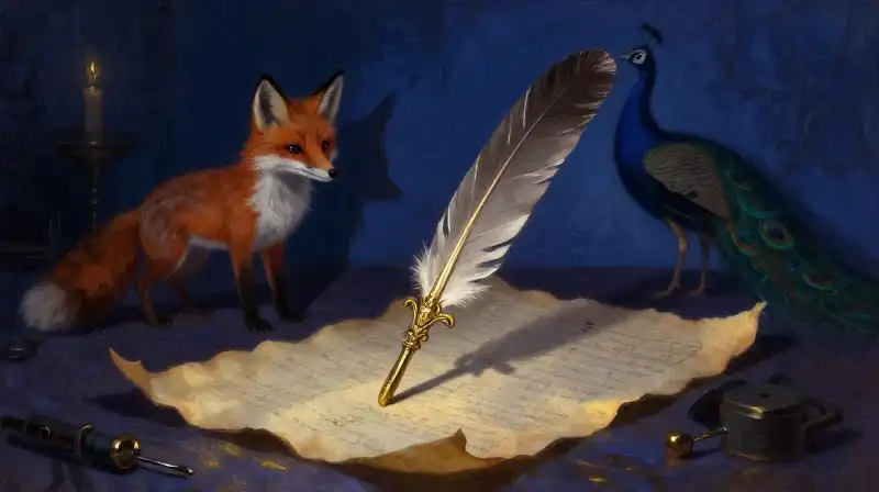 An antique quill and parchment with animal shadows in blue tones