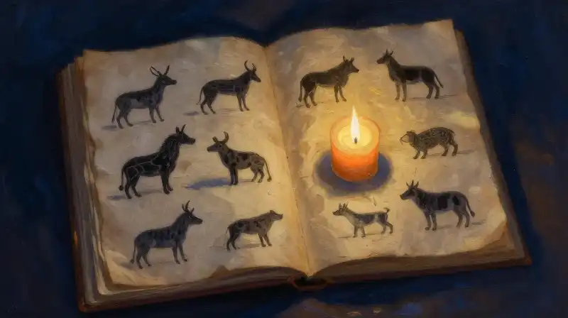 An open ancient manuscript with animal silhouettes in blue ink