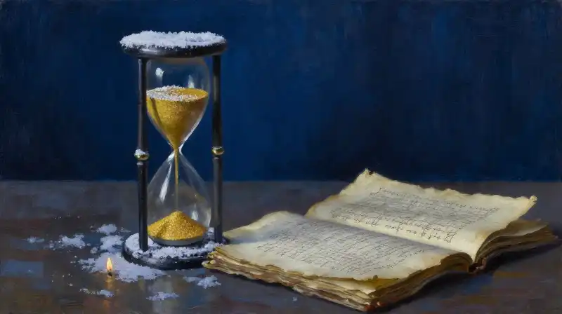 An hourglass with grain and frost in moody blue tones