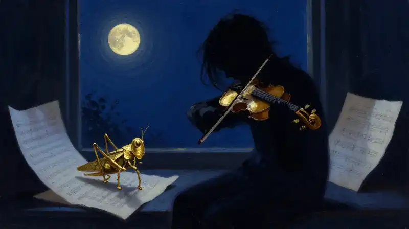 A grasshopper playing a golden violin amidst blue moonlight
