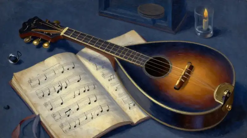 Antique mandolin and manuscript in a moody blue study