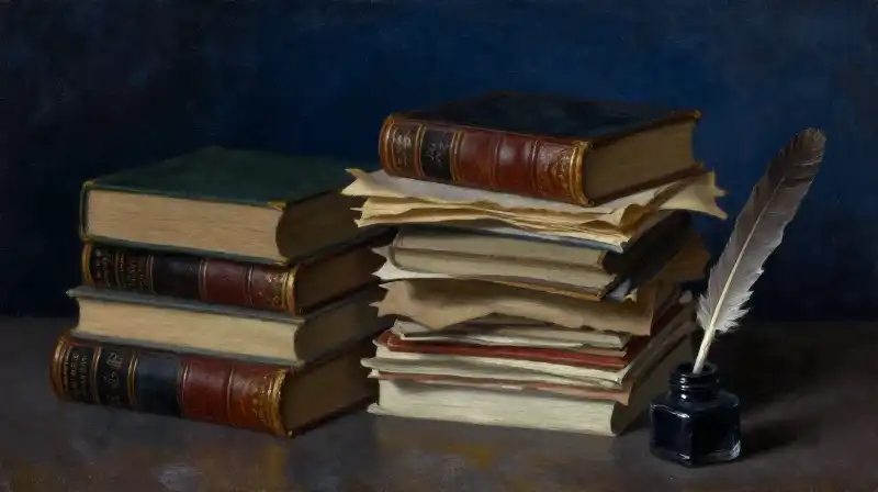 Antique books and parchment in a dark blue library setting