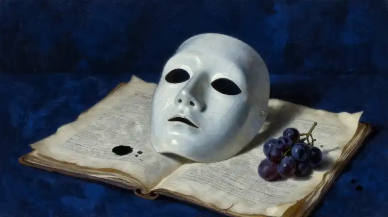 A cracked mask and manuscript symbolizing psychological rationalization in deep blue tones