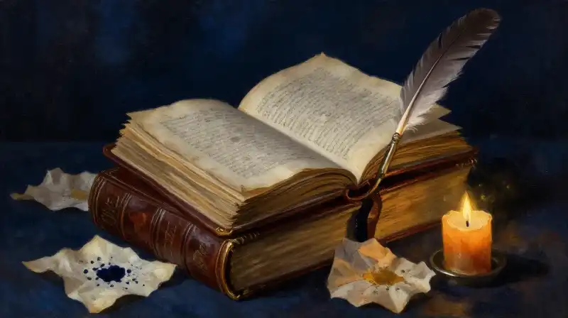 Antique manuscripts and quills in atmospheric indigo lighting