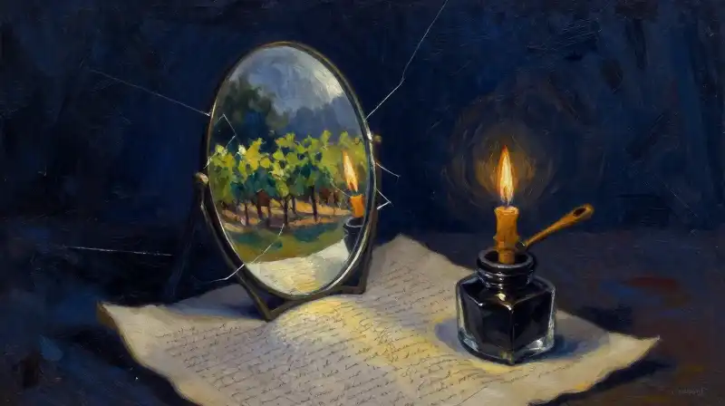 An antique mirror and manuscript in deep indigo tones