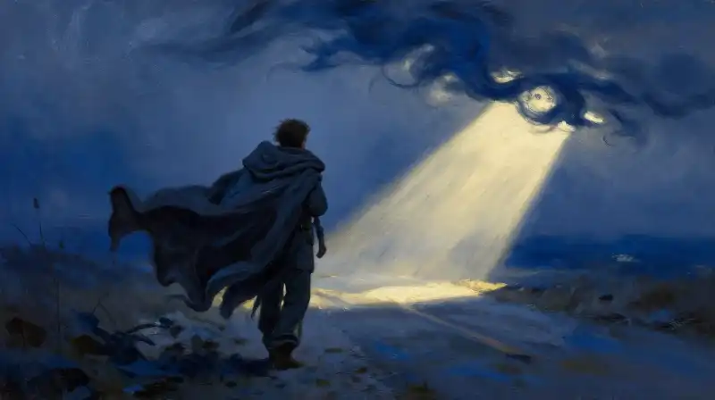 A traveler in a heavy cloak under golden sun and blue wind