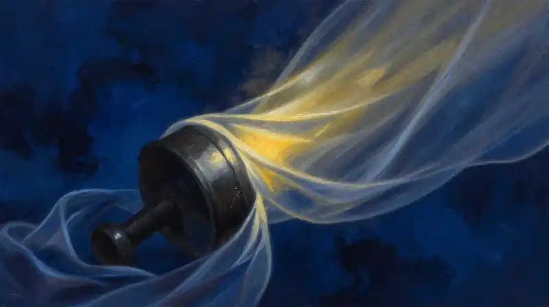 Symbolic struggle between heavy iron and soft silk in deep blue tones