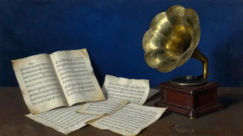 Classical art and musical scores in deep blue lighting