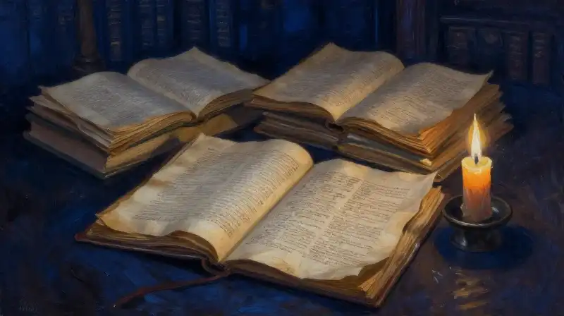 Antique manuscripts and parchment in a moody blue library