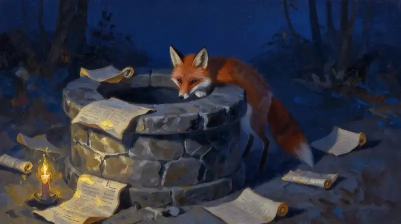 An atmospheric illustration of a fox by an ancient well in deep blue tones