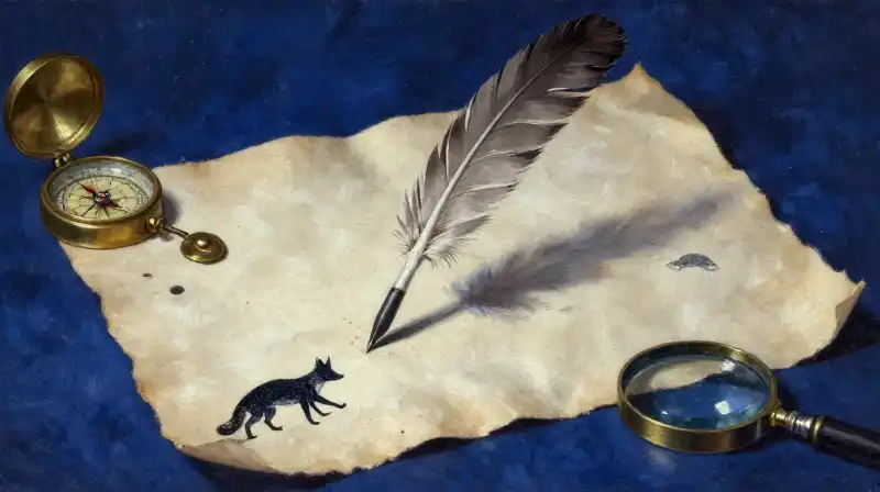 Literary tools and animal archetypes in deep blue ink style