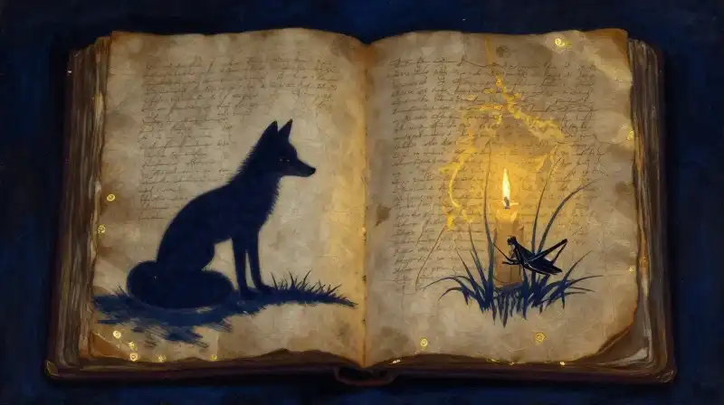 An ancient manuscript with animal silhouettes in moody blue tones