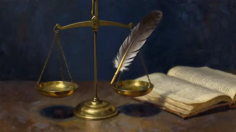 An antique scale balancing a feather and a quill in blue light