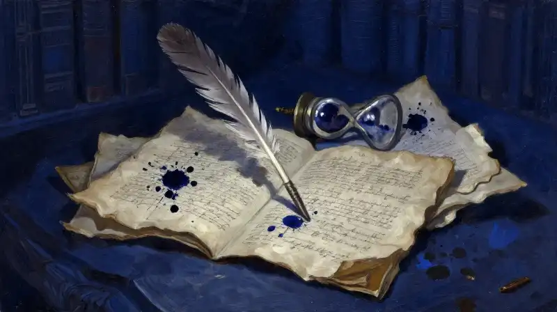 Scattered manuscripts and a broken quill in moody indigo tones