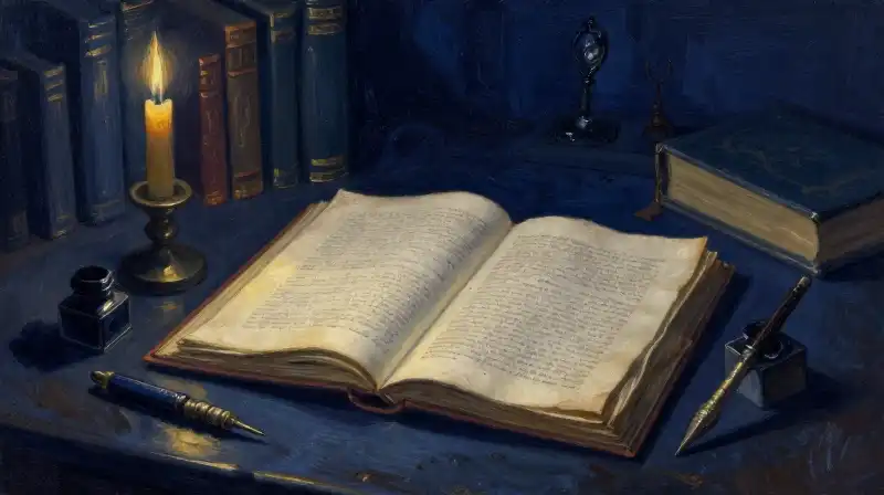 Antique manuscripts and quills in a moody blue library