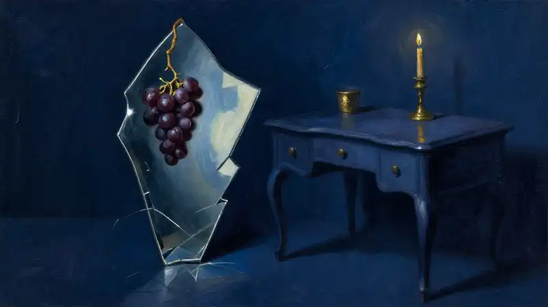 Distorted reflection of grapes in a cracked antique mirror