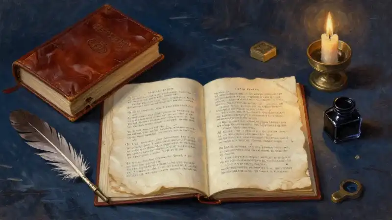 Vintage poetry books and quill on a dark blue desk