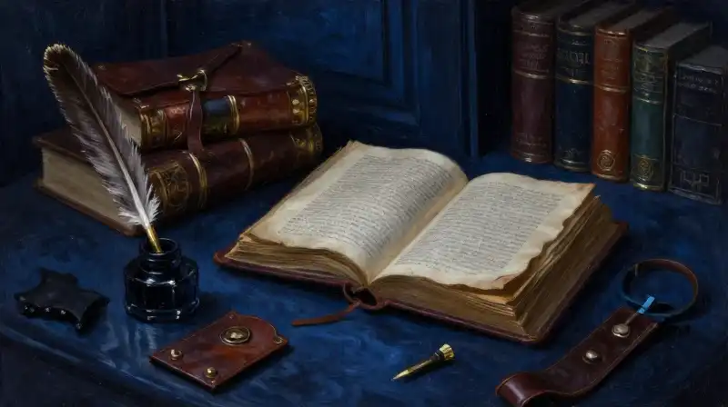 Ancient manuscripts and quills in a moody blue library