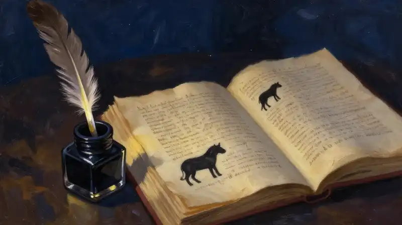 Ancient manuscript and quill with subtle animal silhouettes in blue tones