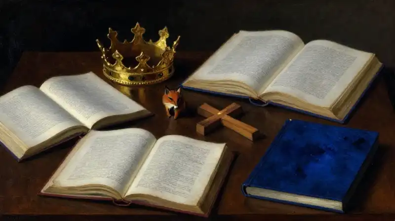 Three different ancient books representing fable, fairy tale, and parable
