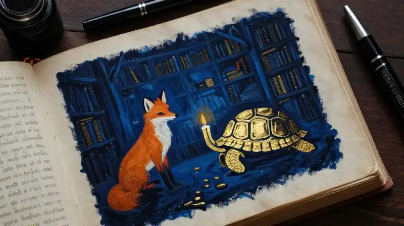 Antique manuscript with animal silhouettes and ink pens in blue tones