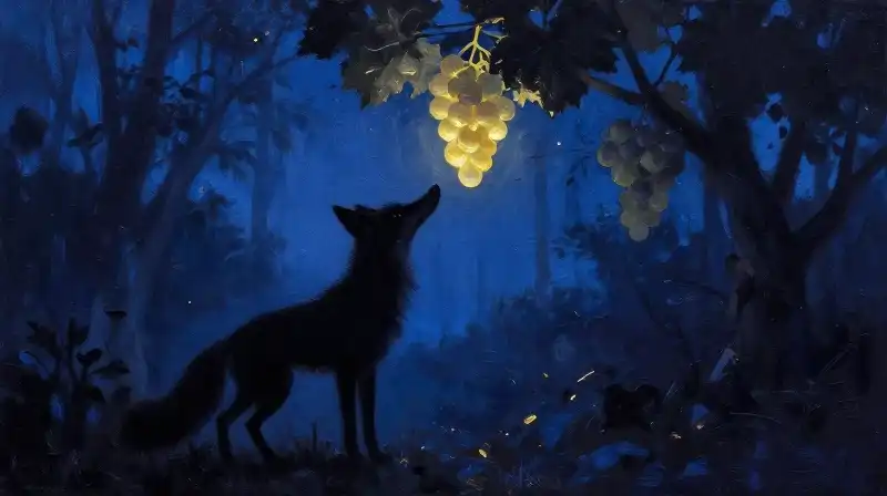 A fox reaching for glowing grapes in a dark indigo forest