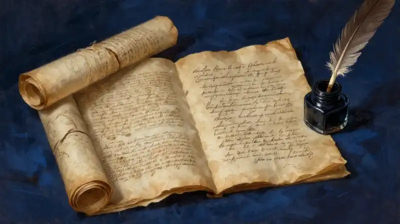 Ancient manuscripts and quill on aged parchment in blue light