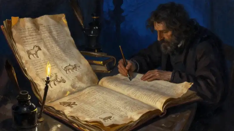 Ancient manuscripts and animal sketches in a moody blue study