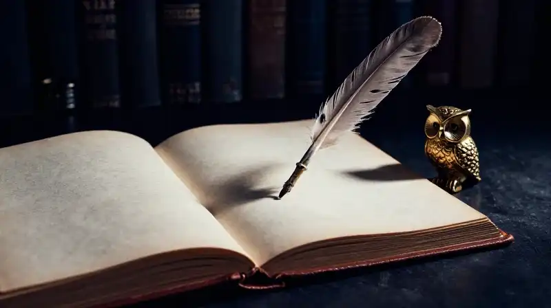 Open antique book with a quill and golden owl figurine