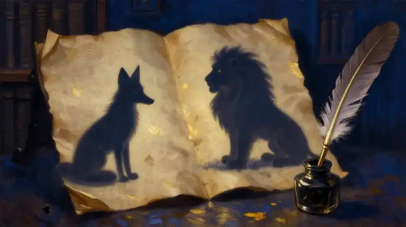 Literary illustration of animal archetypes on aged parchment