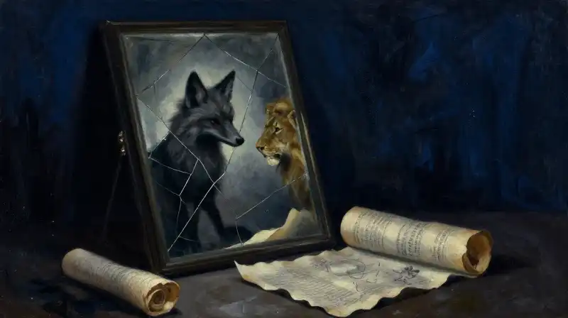 An ancient mirror reflecting animal silhouettes amidst old scrolls