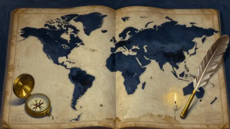 An antique atlas and quill in deep indigo tones
