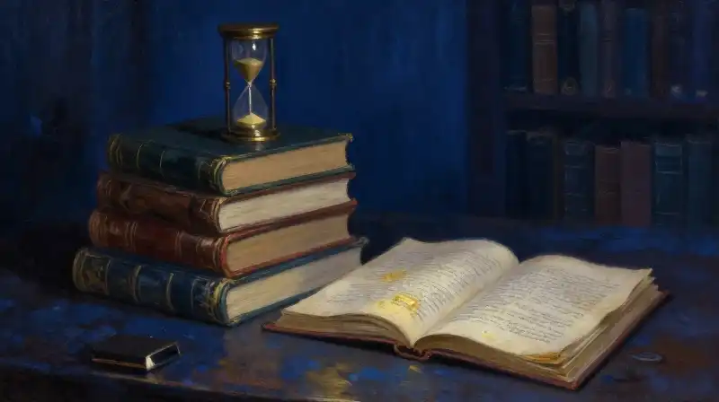 Stacked antique books and an hourglass in moody blue tones